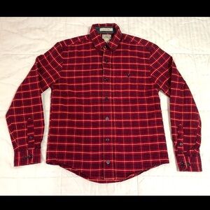 LL Bean Shirt Mens Small Red Navy Blue Yellow Plaid Slightly Fitted Flannel EUC